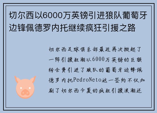 切尔西以6000万英镑引进狼队葡萄牙边锋佩德罗内托继续疯狂引援之路